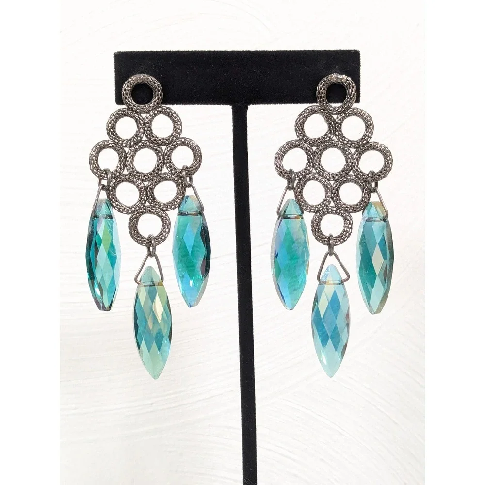 Gunmetal Mesh Chain Chandelier Earrings Green AB Crystal‎ Dangle